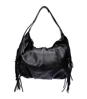 Черна кожена чанта за рамо с ресни снимка