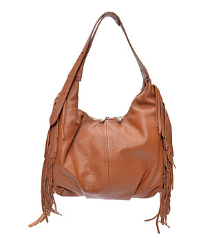 Кафява кожена чанта за рамо с ресни снимка