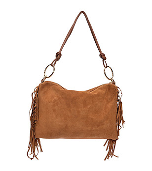 Велурена дамска чанта в цвят коняк с ресни снимка