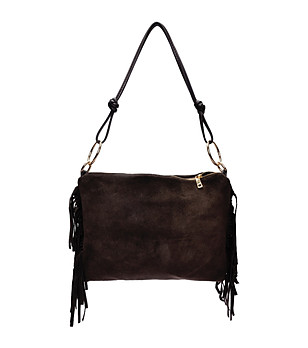 Тъмнокаафява велурена дамска чанта с ресни снимка