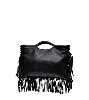 Черна дамска чанта от естествена кожа с ресни снимка