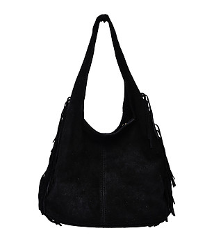 Черна дамска велурена чанта с ресни снимка