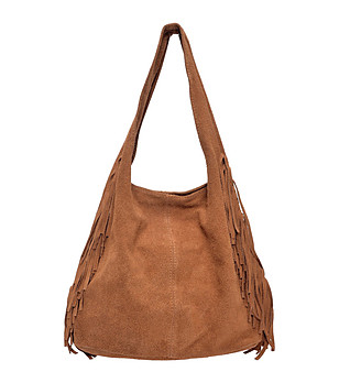 Дамска велурена чанта в цвят коняк с ресни снимка