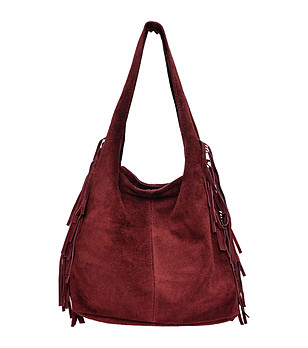 Дамска велурена чанта в бордо с ресни снимка