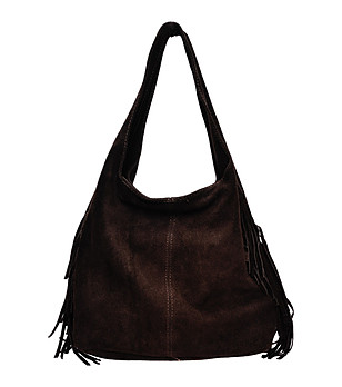 Дамска велурена чанта в тъмнокафяво с ресни снимка