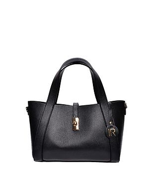 Кожена дамска чанта в черно с несесер снимка