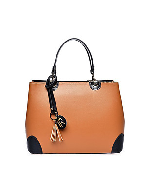 Дамска кожена чанта в цвят коняк и черно снимка