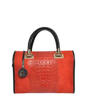 Червена кожена чанта с кроко релеф снимка