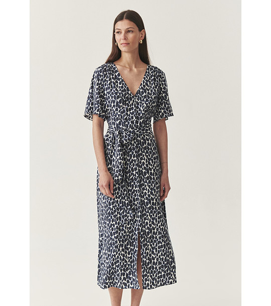 Тъмносиня рокля с колан и принт Daliola снимка