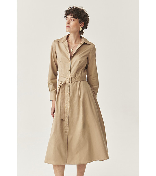 Бежова памучна рокля с колан Sanote снимка