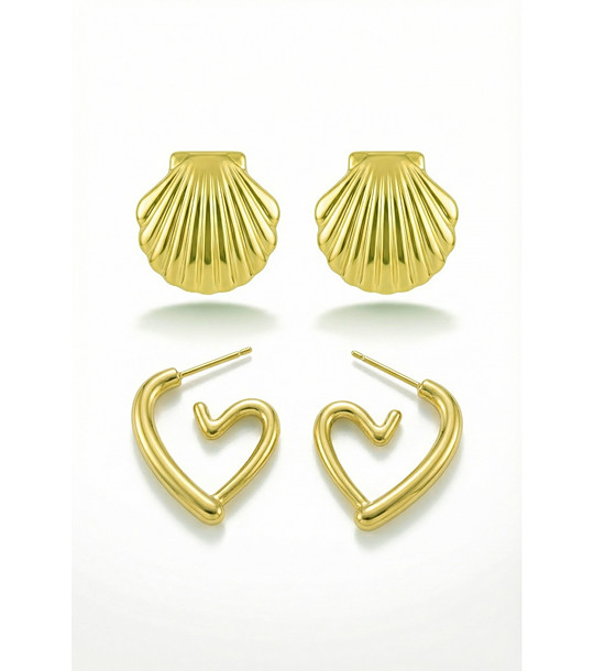 Комплект златисти обеци от неръждаема стомана раковина и сърце снимка