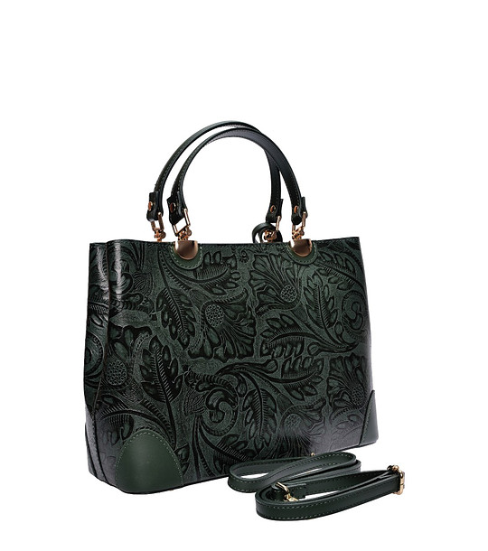 Зелена чанта тип tote с релефен флорален десен снимка