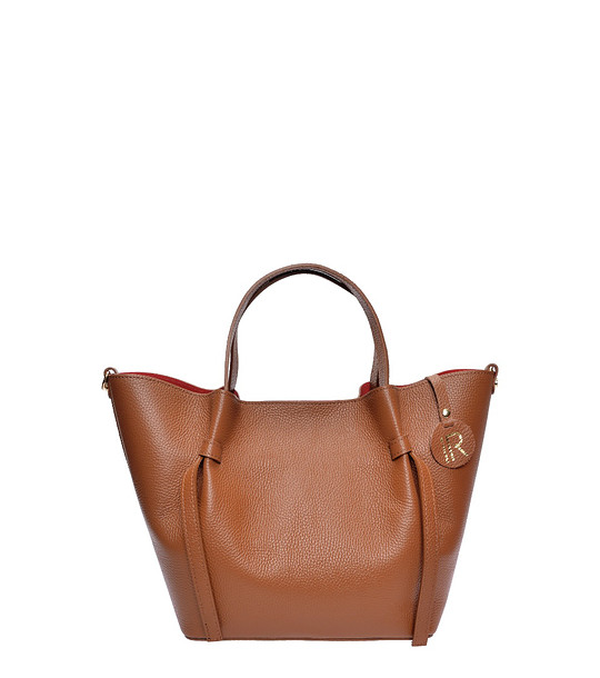 Дамска трапецовидна чанта в цвят коняк с несесер снимка