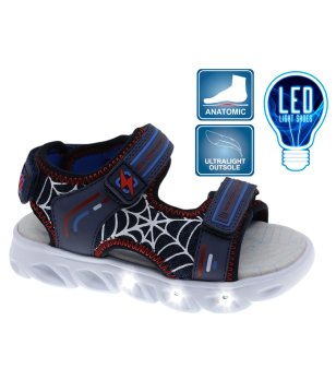 Детски тъмносини сандали с LED светлини и принт паяжина снимка