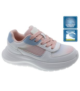 Детски бели маратонки с мрежа и с елементи в розово и синьо снимка