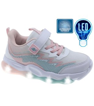 Детски бели маратонки с розови и сини мотиви с LED подметка  снимка