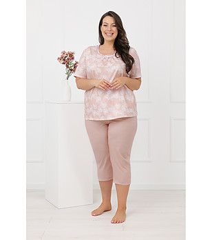 Дамска памучна пижама с къс ръкав и 3/4 панталон ELENI в сьомгово розово снимка
