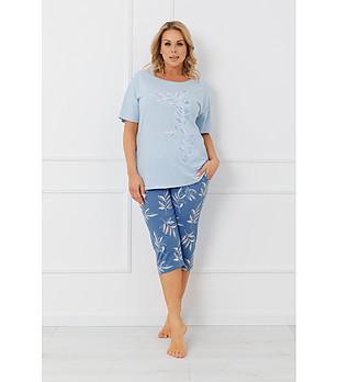 Дамска памучна синя пижама с къс ръкав и 3/4 панталон ERULA снимка