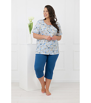 Дамска памучна пижама SAMOA с къс ръкав и 3/4 панталон в синьо снимка