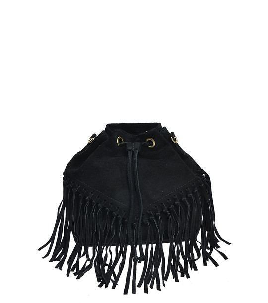 Черна чанта през рамо с ресни снимка