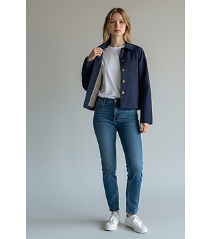 Тъмносин шлифер с карирана подплата снимка