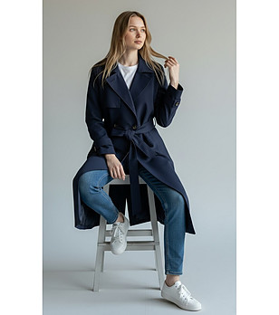 Дълъг тъмносин тренч с колан снимка