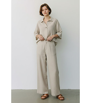 Бежов ленен панталон с широк крачол снимка