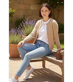 Дамска бежова жилетка с обло деколте снимка