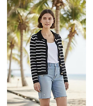 Черен раиран кардиган с джобове снимка