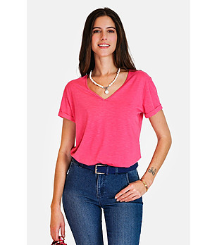 Дамска фуксия тениска с V-образно деколте от лен и памук снимка