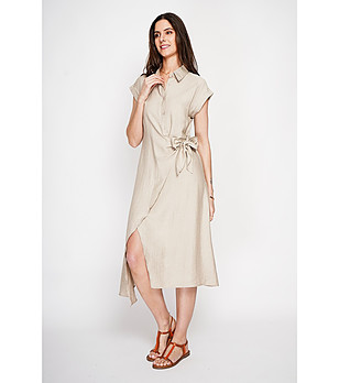 Бежова рокля риза с къс ръкав  снимка