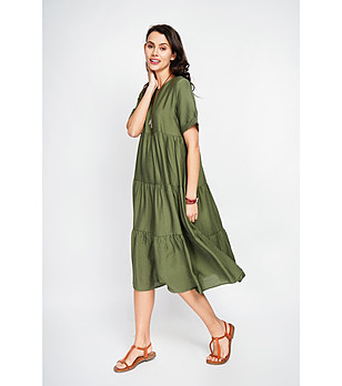 Дамска рокля в масленозелен цвят с високо съдържание на лен снимка