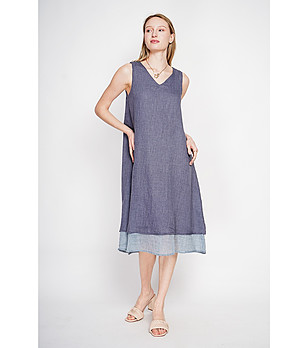 Синя ленена рокля без ръкави с V-образно деколте с лен снимка