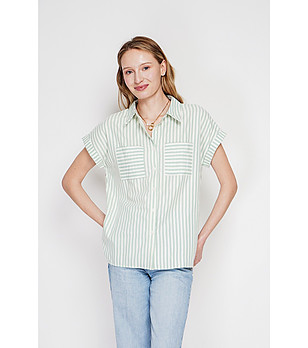 Дамска зелена риза на райе с къс ръкав JADE снимка