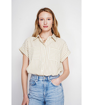 Бежова раирана риза с къс ръкав LIN снимка