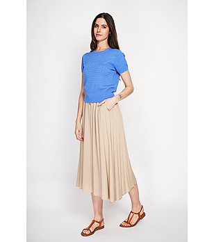 Дамски син пуловер с къс ръкав с лен снимка