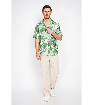 Зелена мъжка риза с къс ръкав и хавайски принт MENTHE снимка