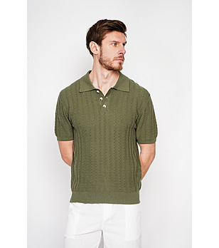 Мъжки плетен пуловер с къс ръкав в цвят каки  снимка