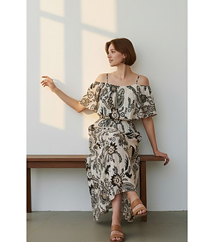 Дамска дълга рокля с принт и открити рамене снимка