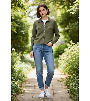 Дамска зелена жилетка с джобове снимка