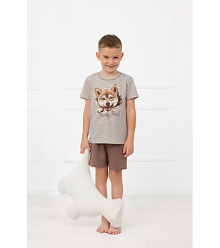 Детска бежова памучна пижама с къс ръкав и къс панталон SHIBA снимка