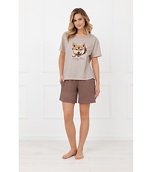 Дамска памучна пижама в бежово и светлокафяво с къс ръкав и къс панталон SHIBA снимка