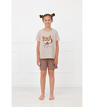 Детска памучна пижама с къс ръкав и къс панталон Shiba в бежово и светлокафяво снимка