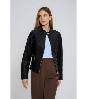 Дамско черно яке от еко кожа снимка
