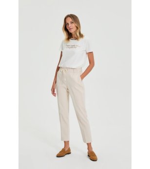 Дамски бежови панталон с връзка снимка