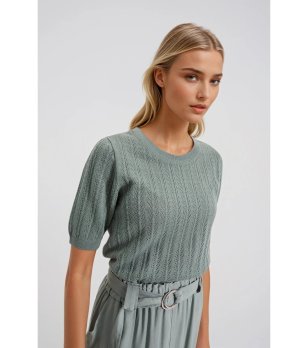 Дамска зелена плетена блуза с къс ръкав снимка