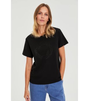 Черна дамска памучна тениска с къс ръкав и камъчета снимка