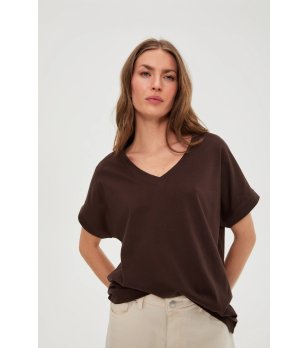 Кафява дамска памучна блуза с V-образно деколте снимка