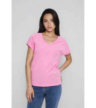 Розова дамска тениска с V-образно деколте снимка