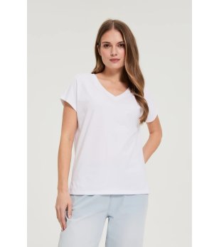 Бяла дамска тениска с V-образно деколте снимка